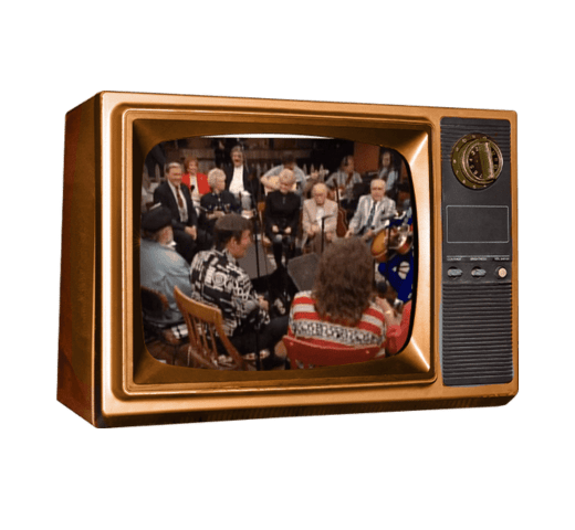 image of an old television set with the audience of Larry's Country Diner watching the show in the picture area of the tv set