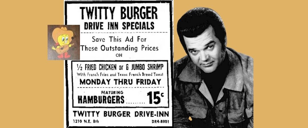 Conway Twitty in black leather jacket ion a restaurant menu advertisement